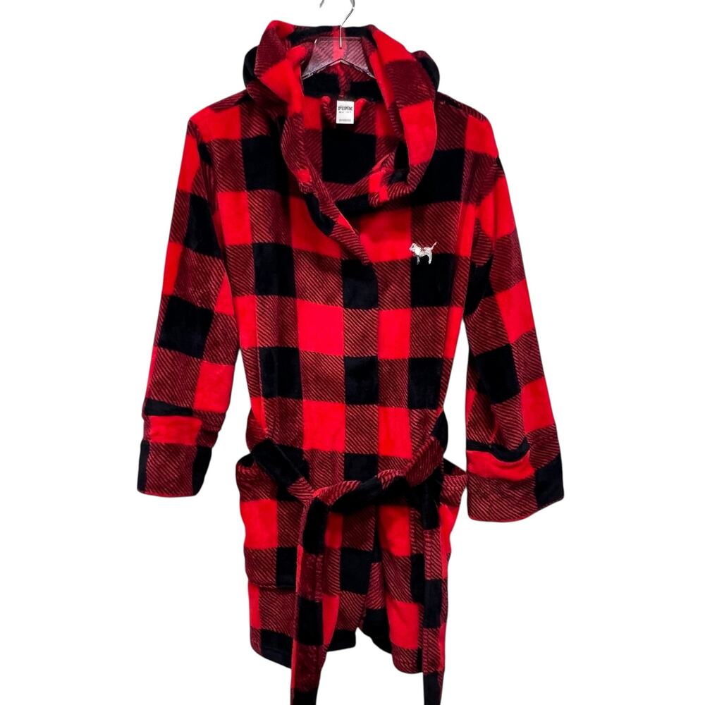 PINK‎ Victoria’s Secret Buffalo Plaid Fleece Robe Hooded Loungewear Bling Dog S